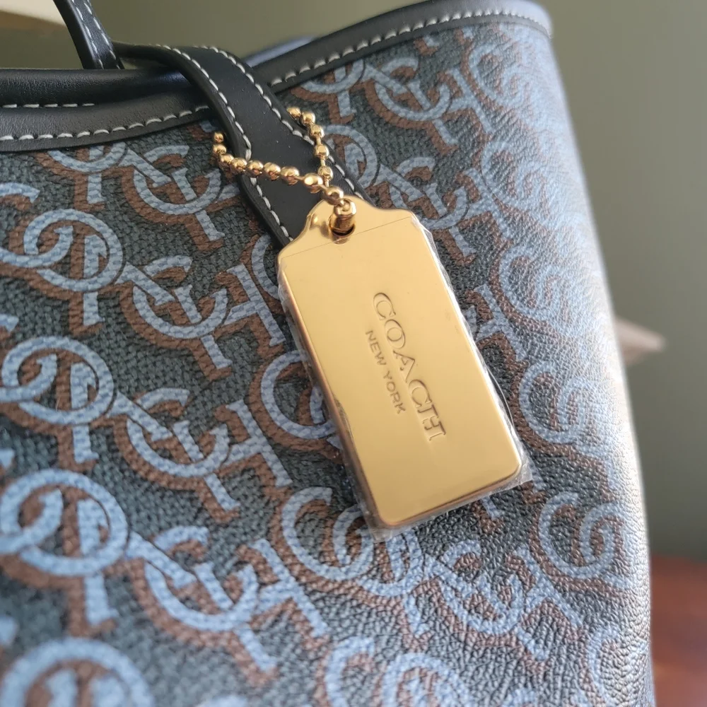 Coach CF342 City Tote Navy Blue Monogram Signature Canvas Leather NWT